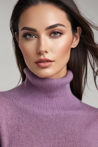 ((((slender, flat stomach, big breast, big breast, huge breast, large hips, wide hips, full body)))), ((voluptuous body)), 40yo, create a hyper realistic image of beautiful woman, facing viewer, sultry smile, long gray-brunette hair, ((tight red turtleneck sweater)), ((red turtleneck sweater)), white pants, long dark eyebrows, long eyelashes, lavander eyes, no background , 8k, high detailed, sharp focus., hourglass body shape