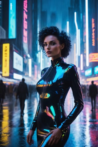 1girl, an exceptionally beautiful woman with partially integrated ((electronic face implants)), full body, flowing, black perm, iridescent gown hints at her organic grace, while subtle lines of embedded LEDs trace across her skin, casting a soft, mesmerizing glow, augmentation gracefully enhances her features, a mesmerizing depiction of a cyberpunk metropolis at dusk, where neon lights cascade in vibrant hues across towering skyscrapers, reflective rain-slicked streets exude an air of mystery, hovering holographic advertisements, urban chaotic future technology in stunning harmony, RAW photo, hd, dramatic lighting, Intricate, vibrant colors, highly detailed, centered, sharp focus, high quality, dramatic lighting, centered, sharp focus, film grain, f/4