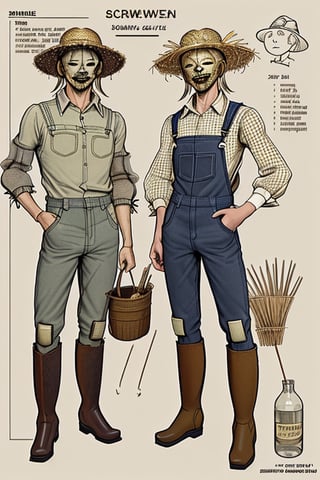 draft, outline, monochrome,  reference sheet, how to build a scarecrow with old overalls with holes, old clothing, tractor and cornfield. ((((Straw coming out of scarecrow boots and sleeves)))), checkered shirt, smoking a pipe, straw hat, whiskey bottle in pocket, vintage sewing machine, Carhartt