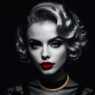 fantasy concept art of Gothic style Film noir style beautiful young woman,face close up,monroe piercing,red lipstick,gold trim, . Monochrome . Dark . magnificent