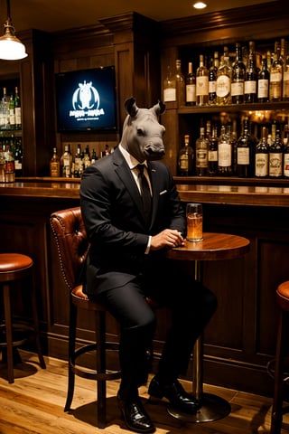 photo of a rhino dressed as a man in a suit and tie sitting at a table in a bar with a bar stools, award winning photography, Elke vogelsang