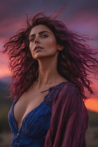 best quality, 4k, highres, masterpiece, ultra-detailed, realistic, HDR, woman, looking at the sky, sunset, outdoor dark red and blue and purple sky, messy hair, cleavage, dynamic angle,  facing the viewer,
