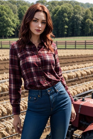 farm girl, masterpiece, high quality, hyper-realistic photography captured with the best camera, 3D, HDR, high definition, bard, farm equipment, vibrant color, cool actress, tight jeans, plaid shirt, fair smooth skin, light-red hair,in the style of jclive9988 ,sagging breasts,Masterpiece,