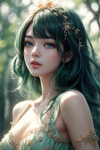 masterpiece, best quality, ultra detailed, cute, beautiful, 1 girl, Detailedface, petite, big_breasts, Close-up view. (dynamic pose), (random pose), black vintage dress, half black (top) and half green hair (bottom), blue orange eyes, cute_eyes, detailed pine forest, (high detailed skin:1.2),8K UHD,dslr,soft lighting,high quality,film grain, Fujifilm XT3,1 girl, yuzu,