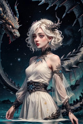 ((masterpiece, best quality)), cute girl, white hair, white dress, rest, black dragon behind, sparkle, water, hd, mix of fantastic and realistic elements,uhd image,crystal clear translucency,vibrant artwork, cosmic style