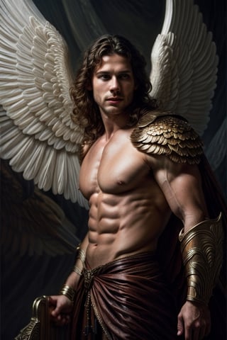 photorealistic portrait of a muscular male angel hiding behind his big wings, large wings, highly detailed portrait, atmospheric lighting, high quality, 4 k, by leonardo gallagher ich parrish, tom bagshaw, smooth, sharp focus, by gaston bussiere  and j