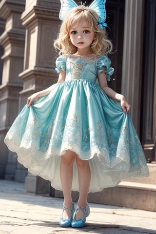 beautiful little girl with blonde hair dressed as Cinderella with butterfly shoes and blue butterfly's flying every wear in a Cinderella puffy dress. 