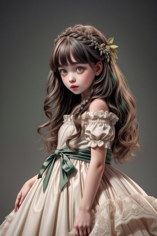 A little girl maybe 3 years with super long hair and deep green eyes in a ball gown from waist up ,hyper quality, hyper realistic 