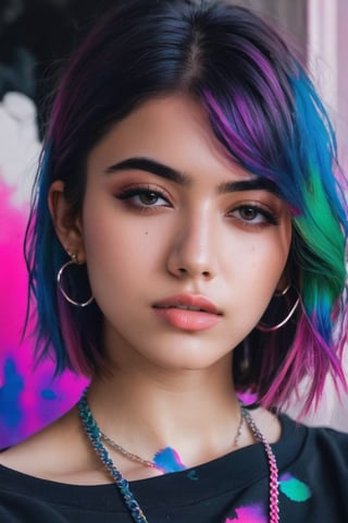 1girl, isometric, shukezouma, octane render, hdr, (hyperdetailed:1.15), (soft light, sharp:1.2), aesthetic, (Argentinian |Cuban |Colombian |Mexican) 20 years old woman, (detailed facial features), gorgeous face, big boobs, grunge style, standing in her messy bedroom, pale skin, wearing eyeliner, grainy, pastel goth, scene hair, (emo girl), teased hair, wearing bracelets, wearing choker necklace, ((detailed face)), selfie, rainbow painting drops, paint teardrops, girl made up from paint, entirely paint, splat, splash, paint bulb, paint drops, broad light, backlighting, bloom, light sparkles, chromatic aberration, (bubblegum Vaporwave aesthetic), Rashmikasdxl