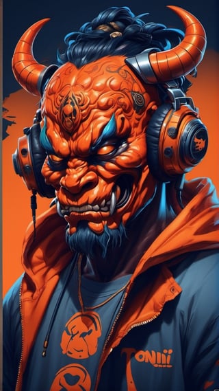 Close-up Portrait of An oni figure with an orange t-shirt featuring a classic hip-hop logo, surrounded by a vibraprint ready vector t-shirt design, celebrating halloween, hoodie, headphone, side view, sticker, professional vector, high detail, t-shirt design, graffiti, vibrant, nt, urban landscape