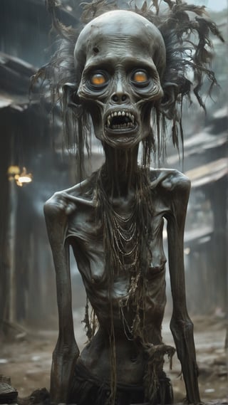 Myanmar: The Nat, a malevolent spirit with an emaciated body and glowing eyes, known to possess and torment people who offend them, MASTERPIECE by Aaron Horkey and Jeremy Mann, sharp, masterpiece, best quality, Photorealistic, ultra-high resolution, photographic light, illustration by MSchiffer, Hyper detailed