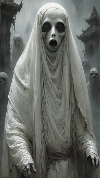 Indonesia: A grotesque Pocong, a ghostly figure wrapped in a death shroud, with hollow, sunken eyes and an eerie ability to hop after its victims, MASTERPIECE by Aaron Horkey and Jeremy Mann, sharp, masterpiece, best quality, Photorealistic, ultra-high resolution, photographic light, illustration by MSchiffer, Hyper detailed