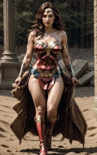 Beautiful Gal Gadot in Wonder Woman costume, makeup, full body, standing, curvy, gigantic breasts, saggy breasts, thick thighs, wide hips, voloptuous, action pose