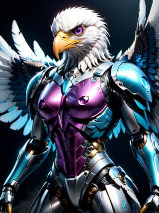 (Best quality, 8K,A high resolution,Masterpiece:1.2),Ultra-detailed),Futuristic robot bald eagle,full bodyesbian,colorful neon,High-tech mechanical parts,Metal claws and wings,Metal heads and pecks,Metal feathers,Extremely cool,Metal legs,Bionic eye,Detailed feather design,sharp beak,hovers in mid-air,Electric blue and bright purple,Vivid glowing eyes,Reflective metal surface,Gloomy environment,Dynamic pose,imposing presence,Technological progress,Interlocking mechanical gears,Dynamic and stylish design,motion blur effect,meticulous craftsmanship,Sci-fi atmosphere,Streamlined aerodynamic shape,Laser scanning pattern,holographic projections,Light-emitting circuit lines,hauntingly beautiful,Otherworldly precision,Advanced sensors,Complex algorithms,Ominous and mysterious atmosphere,electric sparks,Shiny chrome plating,Futuristic propulsion system, highly detailed, artstation, concept art, smooth, sharp focus, illustration, dynamic background, 8k resolution, masterpiece, best quality, Photorealistic, ultra-high resolution, photographic light, sunbeams, best quality, best resolution, cinematic lighting, Hyper detailed, Hyper realistic, masterpiece, atmospheric, high resolution, vibrant, dynamic studio lighting, spotlight, fantasy