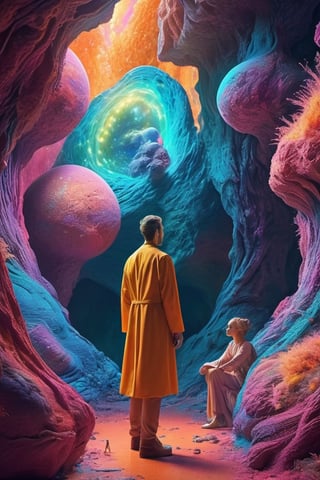Encounters with Other-Dimensional Beings: An image showing the main character interacting with beings from a visually and conceptually different parallel dimension. professional photography, natural lighting, volumetric lighting maximalist photoillustration, by marton bobzert, 8k resolution concept art intricately detailed, complex, elegant, expansive, psychedelic realism, vibrant colors, fantasy