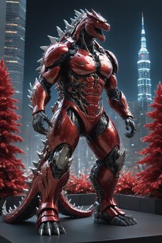Extreme detailed, full metal Godzilla, Futuristic high-tech cyborg, ((full body:1.3)),  full metal Godzilla, symmetry design Monster, full metal Godzilla, ((The dorsal fin shines brightly:1.3)), city, cyborg style, (santa claus red costume), sant hat, Midnight, christmas decorations,