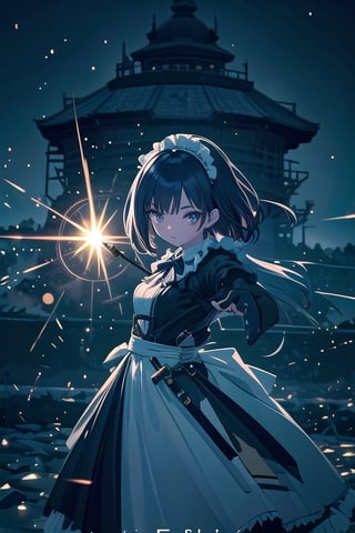 (Masterpiece,Best Quality), A realistic anime girl in a maid dress with coal-colored hair, striking a battle pose with a spear, inviting viewers to look closely at the high-resolution illustration, Fantasy, magical vibes, sci-fi mood, sparks, DoF, bokeh, sharp focus,,<lora:659111690174031528:1.0>