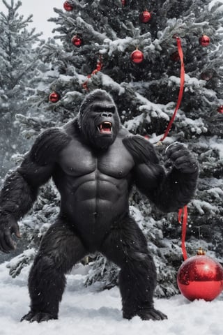 Extreme detailed king kong, ((full body:1.3)), king kong, large CROWs, Futuristic Beam weapon, symmetry design, Monster, exoskeleton king kong, golden eyes, ((santa claus red costume)), ((sant hat)), Midnight, (((christmas decorations:1.9))), (snow flakes falling:1.9), ((from below:1.7)), ((from side:1.9)), ((christmas decoration tree:1.9)), ((Smile))
