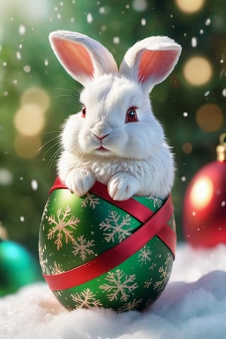 a cute white baby rabbit, red and green ribbon, christmas deco, hyper-detailed painting,  splash, glittering, cute and adorable, filigree, lights, fluffy, magic, surreal, fantasy, digital art, ultra hd, hyper-realistic illustration, vivid colors,  UHD, cinematic perfect, light, Extremely Realistic, ((Egg-shaped body and head:1.5), (from side:1.6), (snow flakes falling:1.6), christmas decorations, santa_hat