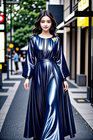 beautiful cute young attractive pakistan teenage girl, village girl, 18 years old, cute,  Instagram model.Confident Smile.Navy Blue Faux Georgette Gown With Metallic Foil And Embroidery. Color_hair, colorful Hollywood waves, dacing, in walk at  my shopping, pakistan,<lora:659111690174031528:1.0>