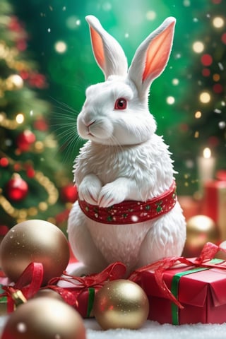 a cute white bunny, red and green ribbon, christmas deco, hyper-detailed painting,  splash, glittering, cute and adorable, filigree, lights, fluffy, magic, surreal, fantasy, digital art, ultra hd, hyper-realistic illustration, vivid colors,  UHD, cinematic perfect, light, Extremely Realistic, Egg-shaped body and head,  (from side:1.6), (snow flakes falling:1.3), christmas decorations, santa_hat