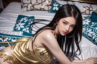 Taiwanese beauty, 24 yo, fashionable and sexy, with red lips and long hair, revealing lingerie with gold transparent cherry blossom embroidery, (from above:1.2), (cowboy shot:1.9), from side, smile, ((crawling on all fours on the bed)),<lora:659111690174031528:1.0>