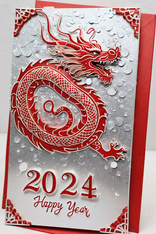 ((gold and silver Japanese dragon)), ((red and white 2 tone board "HAPPY NEW YEAR ２０２４" text on it)), super detailed, splash, glitter, cute and adorable, filigree, light, fluffy, magical, surr, (Mt.fuji), ((backgrand sky))
