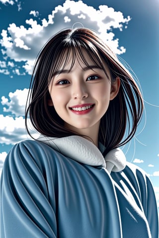 big white clouds moving in a light blue sky, very luminous, 8k, realistic, fluffy, soft, kawaiitech, smile,<lora:659111690174031528:1.0>