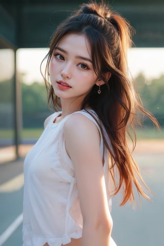 (8k,  best quality,  masterpiece,  ultra high res,  highly detail face:1.3),  portrait,  (18 years old girl:1.3),  beautiful,  kawaii,  (very wide shot :1.2),  (long hair :1.3),  dark hair,  ((bob)),  clothes,  from side:1.2, (happy smile :1.4), sweat ,  (morning:1.3), tennis-court, white tennis wear,  from below:1.3