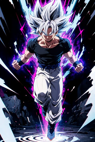 highly detailed, masterpiece, high quality, beautiful, full-body shot, son goku, son goku standing, ultra instinct, aura power, black t-shirt, ((white pants)), Insane detail in face, serious expression, closed mouth, slim, arms down, charging power, grey eyes, white hair
