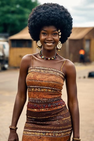 dark skin girl, afro, wearing her elegant tribal dress, smiling, in the post apocalyptic street, 