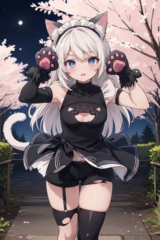 1girl,  masterpiece,  best quality,  cute,  animal ears,  shorts,  paw pose,  (cat paw gloves:1.4),  facing viewer,  looking at viewer,  sakura city,nighttime,animepull,yorha no. 2 type b walking in a sakura forest, dressed as a maid neko with torn up clothes,detailed face,bloody_face with cute expression
