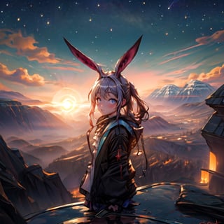 masterpiece,colorful,{best quality},detailed eyes,high constrast,ultra high res.,amidef,amiya is in a mountain seeing a huge glowing ravine, glowing nebula sky,the sun is setting down,big galaxy like stars. 