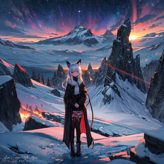 masterpiece,colorful,{best quality},detailed eyes,high constrast,ultra high res.,amidef,
amiya is in a ice mountain seeing a huge glowing ice ravine with glowing nebula sky while the sun is setting down with big galaxy like stars.,giving a sad yet with a little hope. ,animal ears