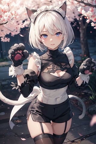 1girl,  masterpiece,  best quality,  cute,  animal ears,  shorts,  paw pose,  (cat paw gloves:1.4),  facing viewer,  looking at viewer,  sakura city,nighttime,animepull,yorha no. 2 type b walking in a sakura forest, dressed as a maid neko with torn up clothes,detailed face,cute expression,ahegao_face,barely_clothed