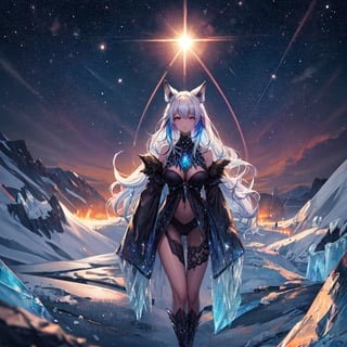 masterpiece,colorful,{best quality},detailed eyes,high constrast,ultra high res.,amidef,
amiya is in a ice mountain seeing a huge glowing ice ravine with glowing nebula sky while the sun is setting down with big galaxy like stars.,giving a sad yet with a little hope. ,animal ears