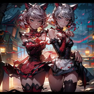 1girl,  masterpiece,  best quality,  cute,  animal ears,  shorts,  paw pose,  facing viewer,  looking at viewer,  sakura city,nighttime, walking in a sakura forest, destiny /(takt op./) dressed as a hot maid neko with torn up clothes,detailed face,cute expression,ahegao_face,barely clothed with (tornclothes:1.2),perfectbody,detailed,realistic eyes,skirt almost showing female genitalia,seeing panties,skirt flowing in the wind,destiny /(takt op./),realistic, cat pawns