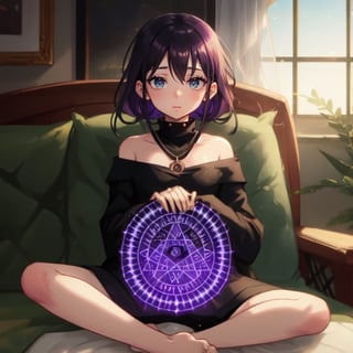 loli, green_eyes, saki, magic_circles, purple_hair, wizards,a pentagram like purple magic circle inside the eye, perfect_eyes,full yet simplified body,full body,sitting on sofa 