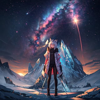 masterpiece,colorful,{best quality},detailed eyes,high constrast,ultra high res.,amidef,
amiya is in a ice mountain seeing a huge glowing ice ravine with glowing nebula sky while the sun is setting down with big galaxy like stars.,giving a sad yet with a little hope. ,animal ears