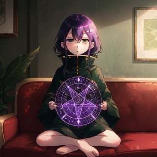 loli, green_eyes, saki, magic_circles, purple_hair, wizards,a pentagram like purple magic circle inside the eye, perfect_eyes,full yet simplified body,full body,sitting on sofa ,focus in the eyes,saki achiga-hen