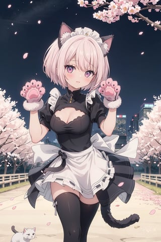 1girl,  masterpiece,  best quality,  cute,  pink hair,  very short hair,  animal ears,  shorts,  paw pose,  (cat paw gloves:1.4),  facing viewer,  looking at viewer,  sakura city,nighttime,animepull,yorha no. 2 type b walking in a sakura forest dressed as a maid neko