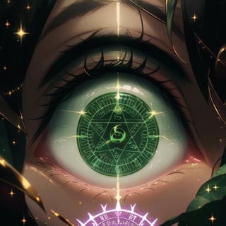 loli, sight_in_the_eyes, close_face, green_eyes, saki, magic_circles, green_hair, wizards, sight looking,a pentagram like magic circle inside the eye, perfect_eyes,full yet simplified body 