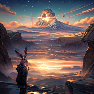 masterpiece,colorful,{best quality},detailed eyes,high constrast,ultra high res.,amidef,
amiya is in a mountain seeing a huge glowing ravine, glowing nebula sky,the sun is setting down,big galaxy like stars. 