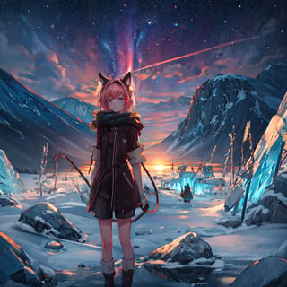 masterpiece,colorful,{best quality},detailed eyes,high constrast,ultra high res.,amidef,Seele is in a ice mountain seeing a huge glowing ice village with glowing nebula sky while the sun is setting down with big galaxy like stars.,giving a sad yet with a little hope. ,animal ears,long hair,hikaru1