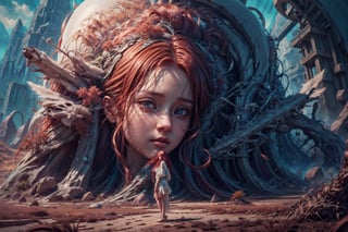 1girl,  best quality, one of the most beautiful images ever created,  vivid colours,  long hair,  High detailed,  perfect image unfolds with 8k resolution,  masterpiece,  ultra detailed image,  colorful, cute girl, clean image style, redhead beautifulgirl, High detailed, she is in a plains biome, detailed beautiful face,fantasy00d,full body girl naked in empty plains, and another being  is watching us.....,
