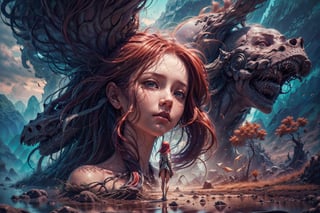 1girl,  best quality, one of the most beautiful images ever created,  vivid colours,  long hair,  High detailed,  perfect image unfolds with 8k resolution,  masterpiece,  ultra detailed image,  colorful, cute girl, clean image style, redhead beautifulgirl, High detailed, she is in a plains biome, detailed beautiful face,fantasy00d,full body girl naked in empty plains, and another being that looks like some type of humanoid silhouete is watching the viewer from afar,