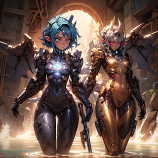 masterpiece,colorful,best quality,detailed hand and eyes, pupil_ magic:circle eye,high constrast,ultra high res,mecha musume,mecha,mecha girl, "A hot human elf girl is inside a amazing mecha bodysuit armour that cover some parts of her body and that armour easily shines agains the sun rays coming from around her she's uses 2 mecha gloves with the same colors in her breath taking mechanical thruster style wings that makes her float above the ground,shes looking at a building with her colorful glowing eyes and a curious face she is searching for something in that
vast ruins of once a giant city with very open space around her,the wings glow at a nebular colorfull color with her full body showing in a humanoid form,she has a small body.Mechanical parts,bodysuit,she have a tiny yet powerful scythe that can cut through almost everything and follows her around protecting her,theres a huge sun with a magic circle in it,where she is theres water at her feet,theres something that look like a human watching her from distance.glowing armour