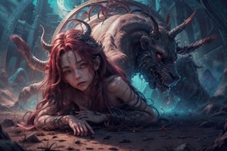 1girl,  best quality, one of the most beautiful images ever created,  vivid colours,  long hair,  High detailed,  perfect image unfolds with 8k resolution,  masterpiece,  ultra detailed image,  colorful, cute girl, clean image style, redhead beautifulgirl, High detailed, she is in a plains biome, detailed beautiful face,fantasy00d,full body girl naked in empty plains, and another being  is watching us.....,a demon is watching us.....