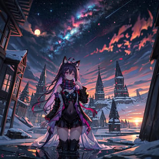 masterpiece,colorful,{best quality},detailed eyes,high constrast,ultra high res.,amidef,Seele is in a ice mountain seeing a huge glowing ice village with glowing nebula sky while the sun is setting down with big galaxy like stars.,giving a sad yet with a little hope. ,animal ears,long hair