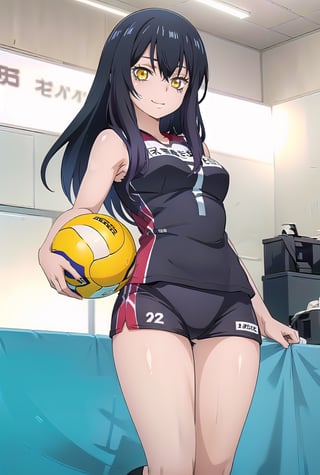 masterpeace, best quality, highres ,girl,solo,narrow_waist, thighs,perfect face,spread_legs,volleyball uniform,smile, ,miko embrace;

miko, 1girl, solo, skirt, yellow eyes, long hair, black hair
,boichi anime style